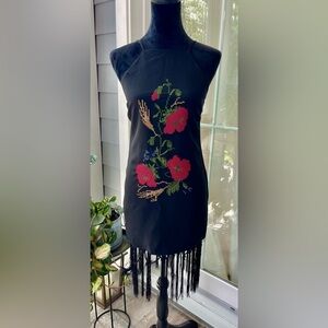 Ending Rose dress size small form fitting spaghetti strap with black fringe NWT